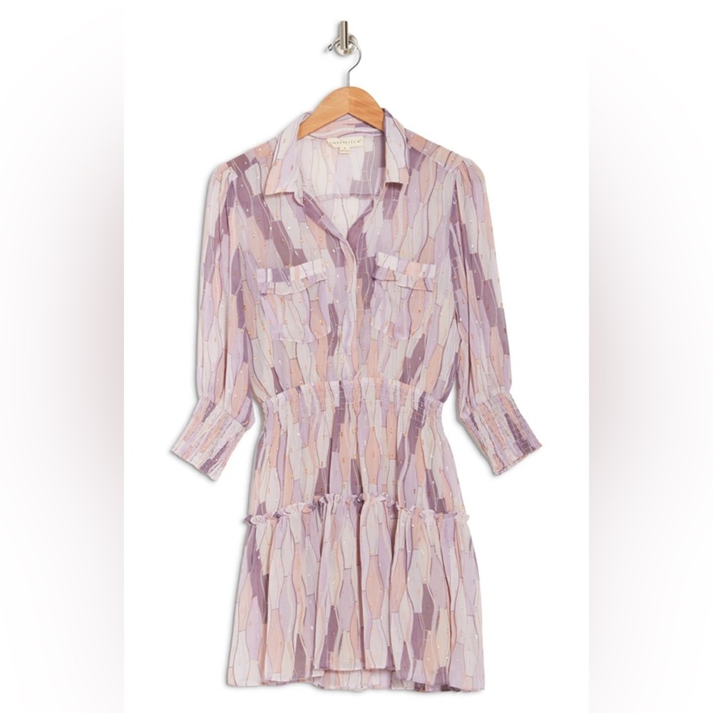 NWOT LOVESTITCH Geo Printed Chiffon Dress Gold Speckles in Lilac/blush Sz Large